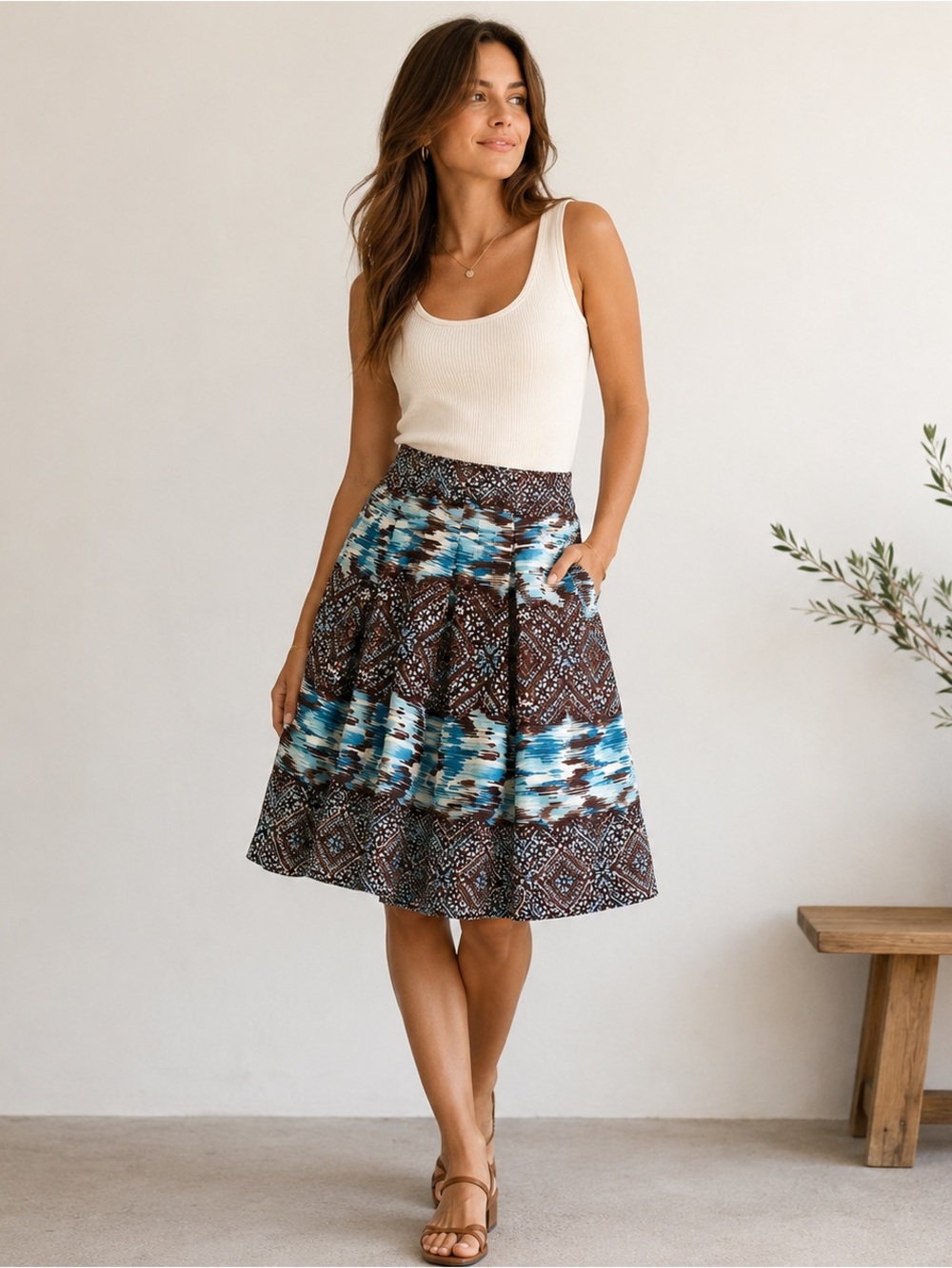 Nine West Silk Linen Blend Pleated Balloon Skirt Boho Midi Size 6